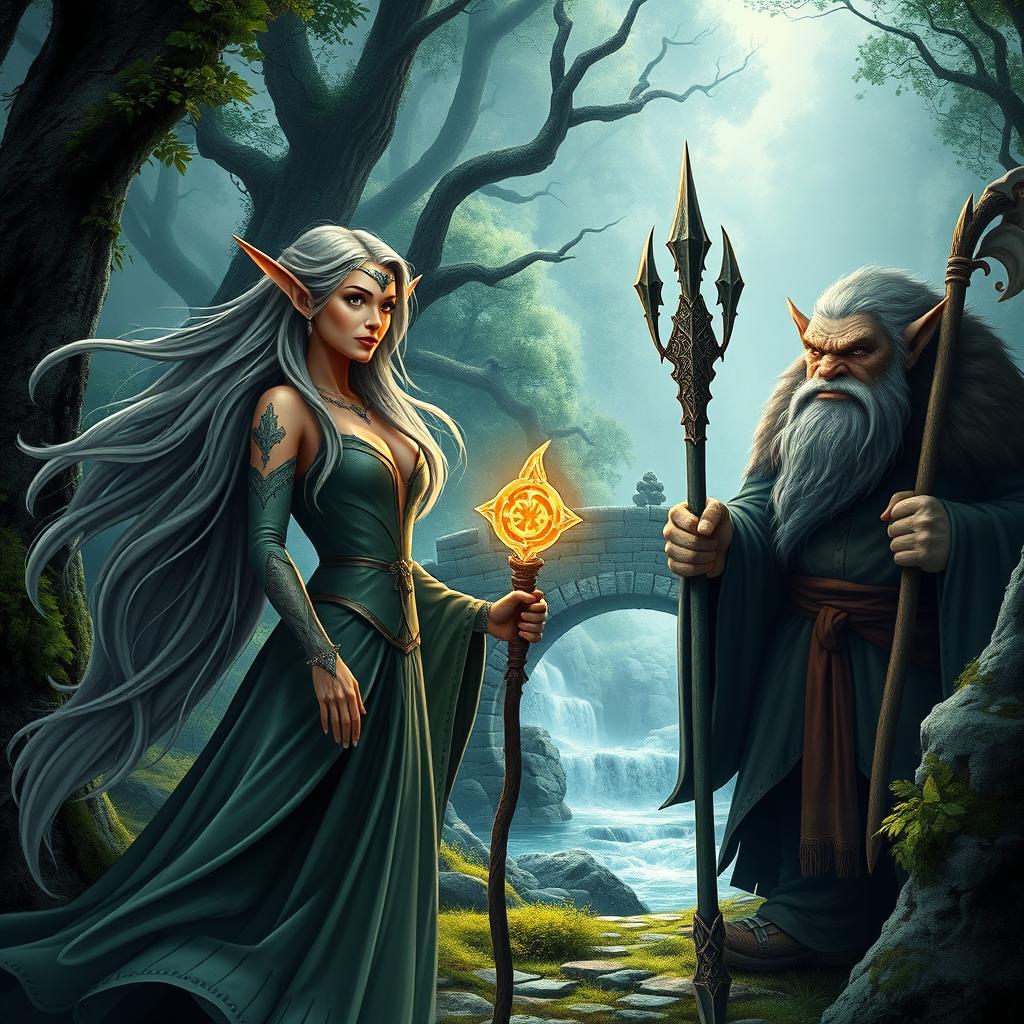 A fantasy movie poster featuring legendary characters: an elegant elven woman with long, flowing hair and pointed ears, in a mystical forest