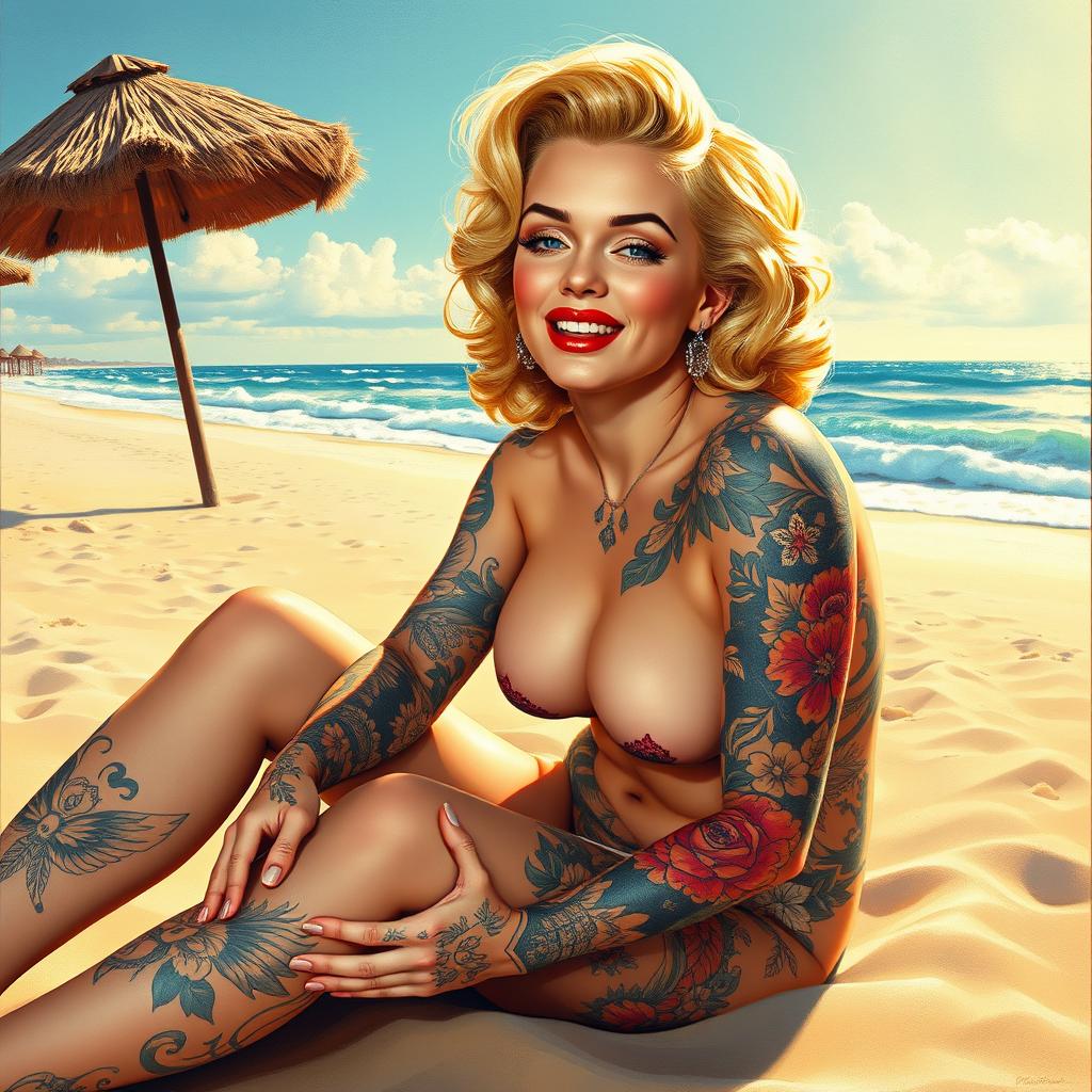 A beautiful pinup painting of Marilyn Monroe with her entire body creatively covered in intricate tattoos and full tattoo sleeves, highlighting her playful and sultry expression as she sits gracefully on the beach