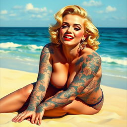 A beautiful pinup painting of Marilyn Monroe with her entire body creatively covered in intricate tattoos and full tattoo sleeves, highlighting her playful and sultry expression as she sits gracefully on the beach