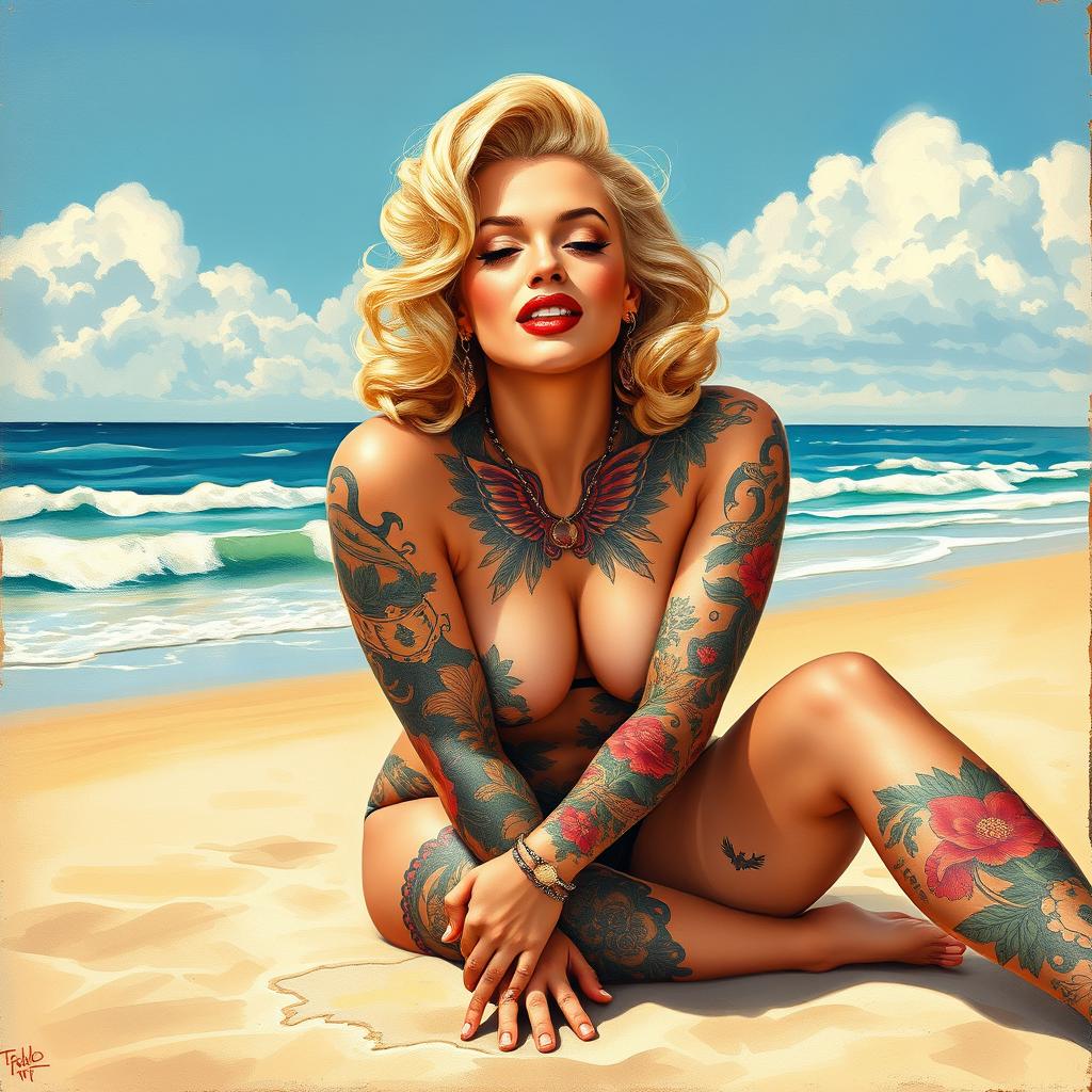 A beautiful pinup painting of Marilyn Monroe with her entire body creatively covered in intricate tattoos and full tattoo sleeves, highlighting her playful and sultry expression as she sits gracefully on the beach