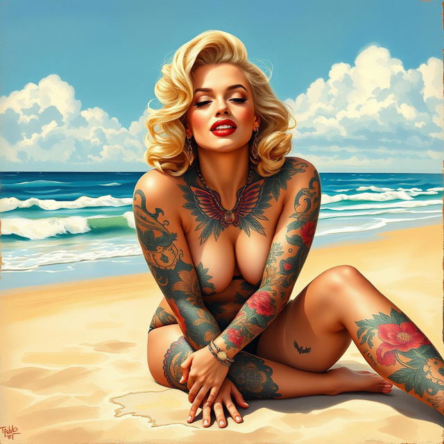 A beautiful pinup painting of Marilyn Monroe with her entire body creatively covered in intricate tattoos and full tattoo sleeves, highlighting her playful and sultry expression as she sits gracefully on the beach