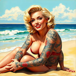 A beautiful pinup painting of Marilyn Monroe with her entire body creatively covered in intricate tattoos and full tattoo sleeves, highlighting her playful and sultry expression as she sits gracefully on the beach