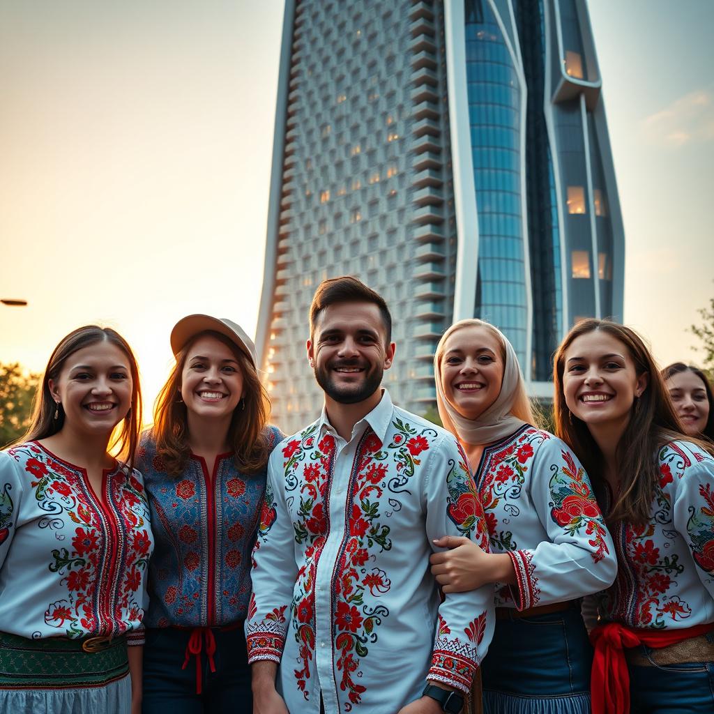 A group of happy Ukrainians wearing traditional embroidered shirts, smiling and celebrating