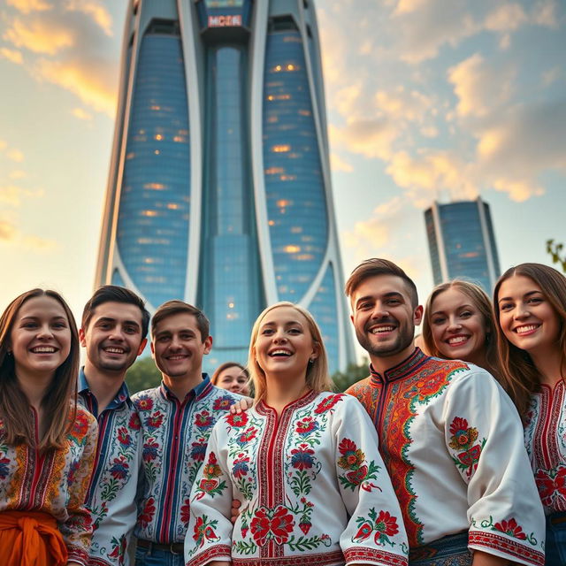 A group of happy Ukrainians wearing traditional embroidered shirts, smiling and celebrating