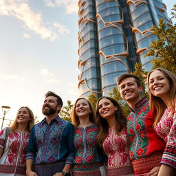 A group of happy Ukrainians wearing traditional embroidered shirts, smiling and celebrating