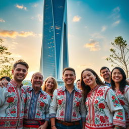 A group of happy Ukrainians wearing traditional embroidered shirts, smiling and celebrating