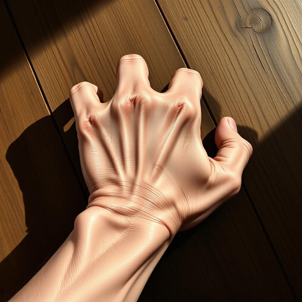 A realistic, detailed depiction of a strong, muscular hand with prominent knuckles, casting a shadow on a wooden surface