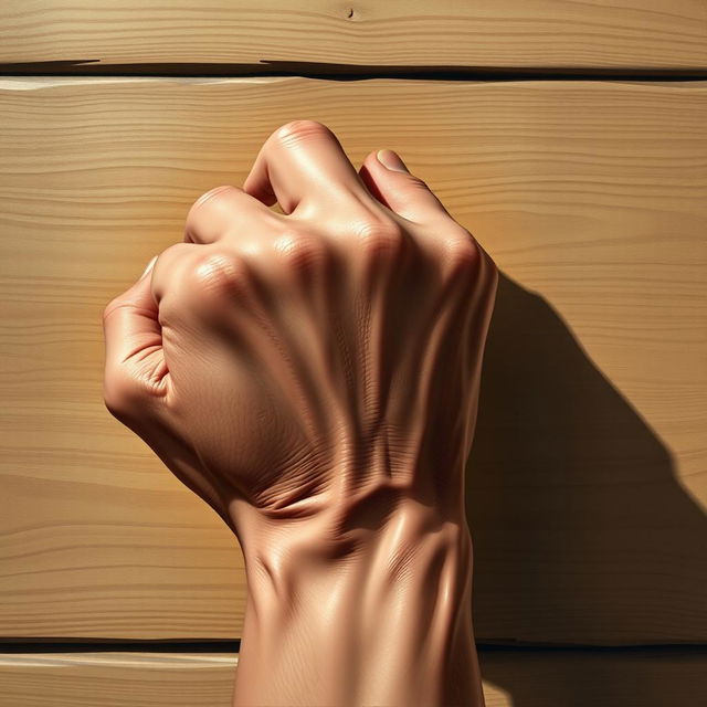 A realistic, detailed depiction of a strong, muscular hand with prominent knuckles, casting a shadow on a wooden surface