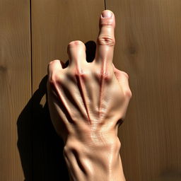 A realistic, detailed depiction of a strong, muscular hand with prominent knuckles, casting a shadow on a wooden surface