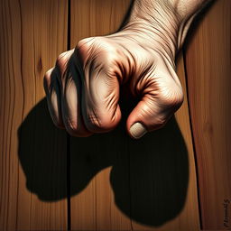 A realistic, detailed depiction of a strong, muscular hand with prominent knuckles, casting a shadow on a wooden surface