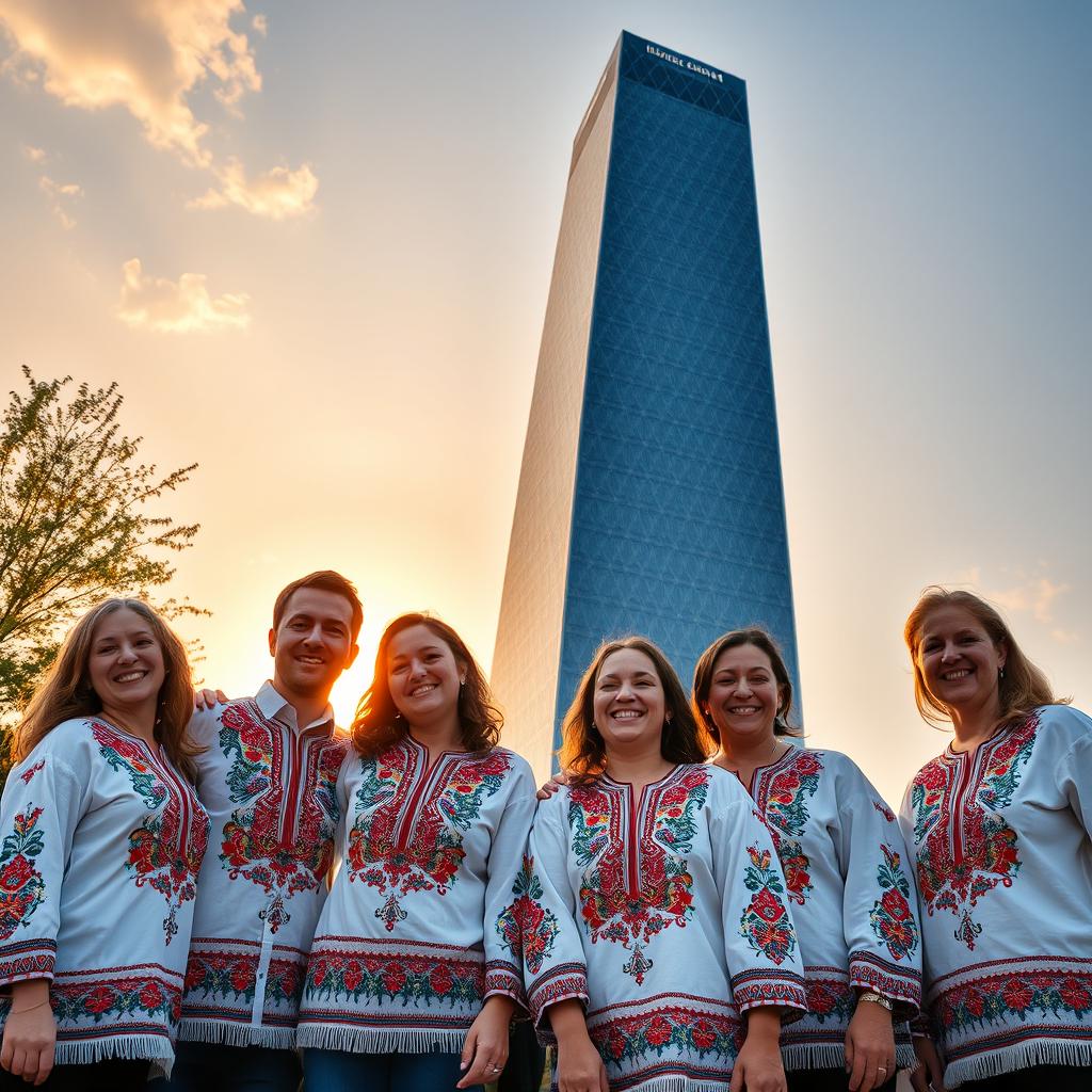 A group of joyful Ukrainians clad in traditional embroidered shirts, standing happily against the fully visible backdrop of an awe-inspiring bionic skyscraper