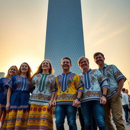 A group of joyful Ukrainians clad in traditional embroidered shirts, standing happily against the fully visible backdrop of an awe-inspiring bionic skyscraper