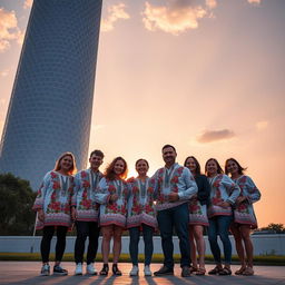 A group of joyful Ukrainians clad in traditional embroidered shirts, standing happily against the fully visible backdrop of an awe-inspiring bionic skyscraper