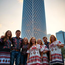 A group of joyful Ukrainians clad in traditional embroidered shirts, standing happily against the fully visible backdrop of an awe-inspiring bionic skyscraper