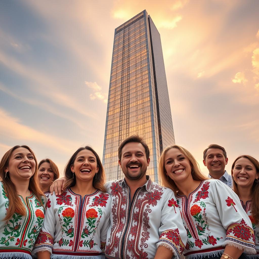 A group of happy Ukrainians in traditional embroidered shirts, smiling and celebrating against the backdrop of a completely visible bionic skyscraper