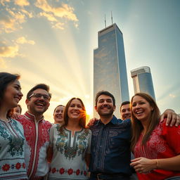 A group of happy Ukrainians in traditional embroidered shirts, smiling and celebrating against the backdrop of a completely visible bionic skyscraper