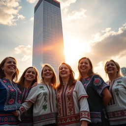 A group of happy Ukrainians in traditional embroidered shirts, smiling and celebrating against the backdrop of a completely visible bionic skyscraper