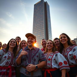 A group of happy Ukrainians in traditional embroidered shirts, smiling and celebrating against the backdrop of a completely visible bionic skyscraper