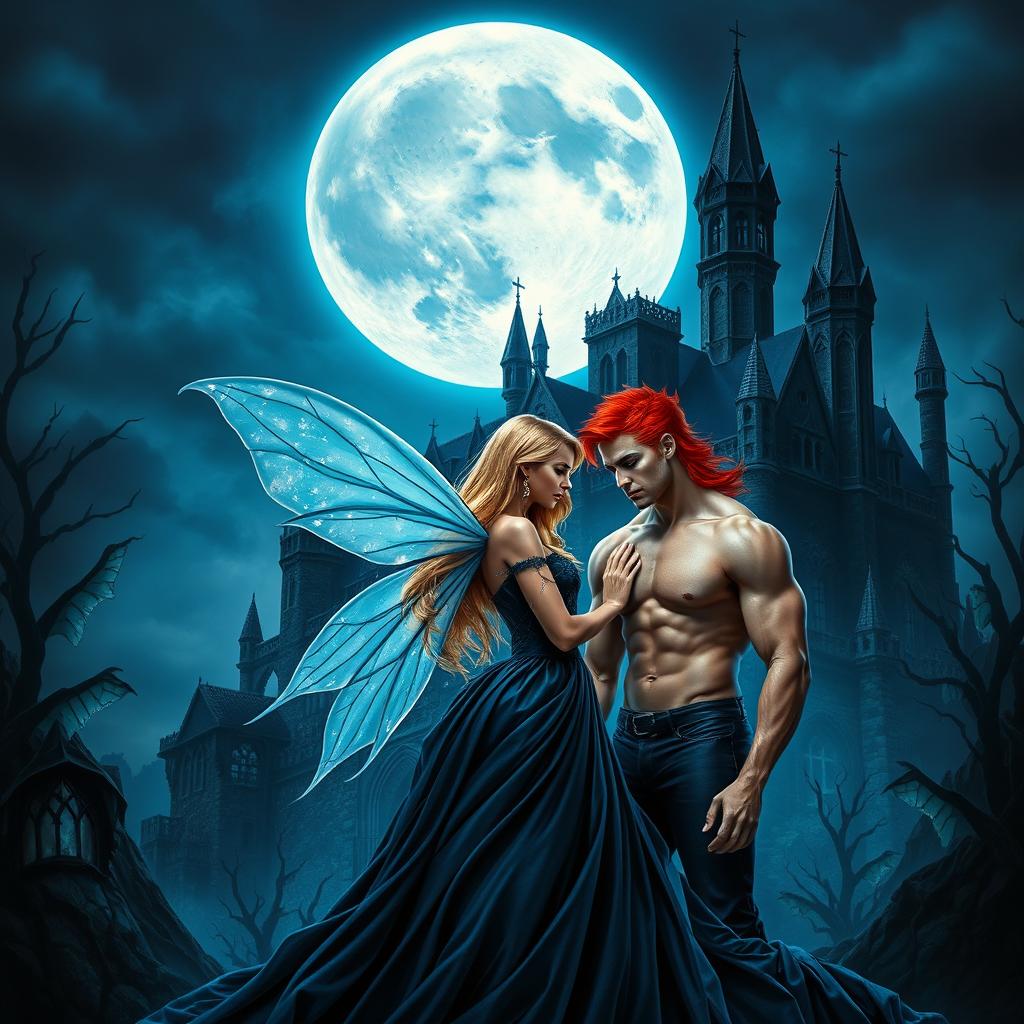 A book cover featuring a dark gothic castle at night, under a giant moon that casts a cold, blue glow