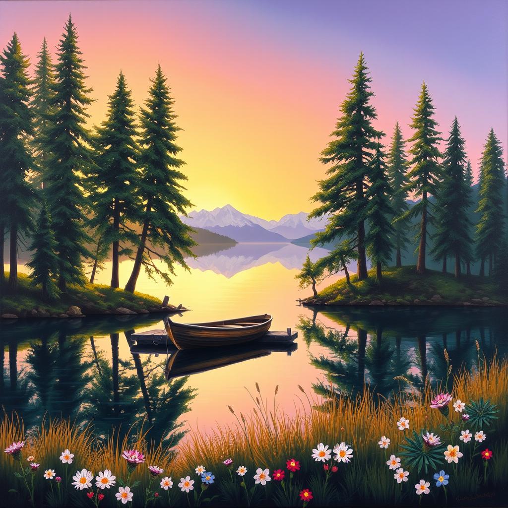 A stunning landscape painting depicting a tranquil lakeside scene at sunset, with a clear sky transitioning from orange to violet hues