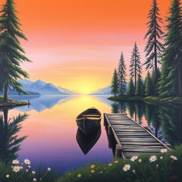 A stunning landscape painting depicting a tranquil lakeside scene at sunset, with a clear sky transitioning from orange to violet hues