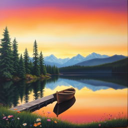 A stunning landscape painting depicting a tranquil lakeside scene at sunset, with a clear sky transitioning from orange to violet hues