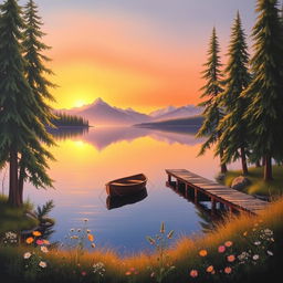 A stunning landscape painting depicting a tranquil lakeside scene at sunset, with a clear sky transitioning from orange to violet hues