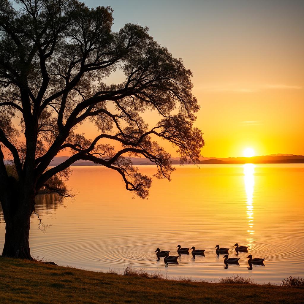 A serene landscape featuring a beautiful sunset over a tranquil lake