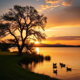 A serene landscape featuring a beautiful sunset over a tranquil lake