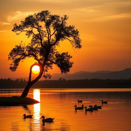 A serene landscape featuring a beautiful sunset over a tranquil lake