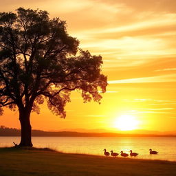 A serene landscape featuring a beautiful sunset over a tranquil lake