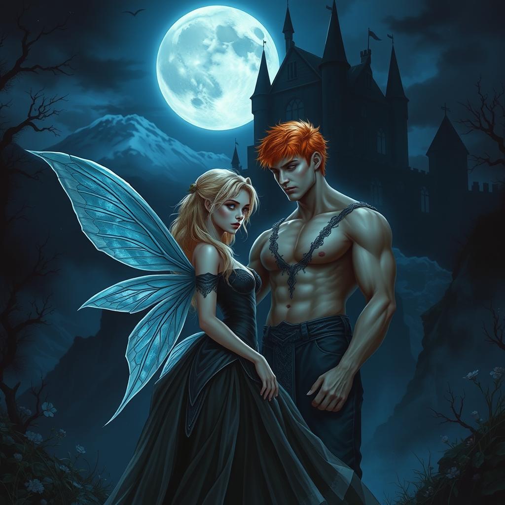 Artistic realism of a gothic couple at night in front of a dark castle