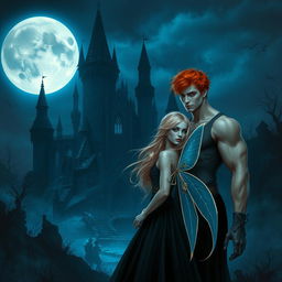 Artistic realism of a gothic couple at night in front of a dark castle