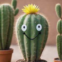 A vibrant green cactus with a warm, cheerful smile