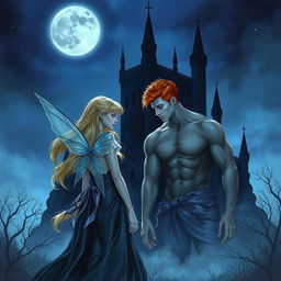 Artistic realism depicting a gothic scene at night with a dark castle under a big moon