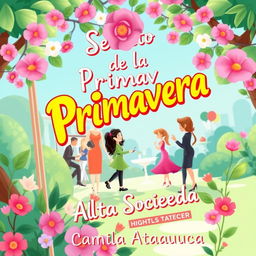 An animated Wattpad-style cover for "El Secreto de la Primavera en la Alta Sociedad" by Camila Atapaucar