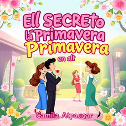 An animated Wattpad-style cover for "El Secreto de la Primavera en la Alta Sociedad" by Camila Atapaucar