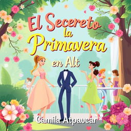 An animated Wattpad-style cover for "El Secreto de la Primavera en la Alta Sociedad" by Camila Atapaucar