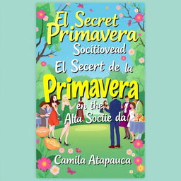 An animated Wattpad-style cover for "El Secreto de la Primavera en la Alta Sociedad" by Camila Atapaucar