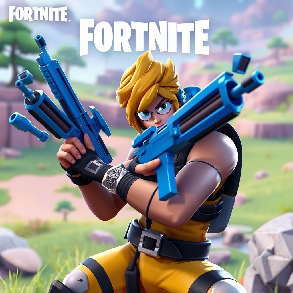 A Fortnite character playing in solo mode, holding only blue weapons