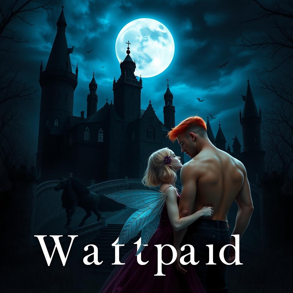 Wattpad book cover featuring a dark gothic castle at night, with a big moon casting a cold, blue light