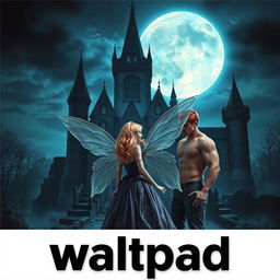 Wattpad book cover featuring a dark gothic castle at night, with a big moon casting a cold, blue light