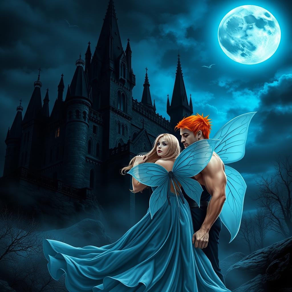 Wattpad book cover featuring a dark gothic castle at night, with a big moon casting a cold, blue light