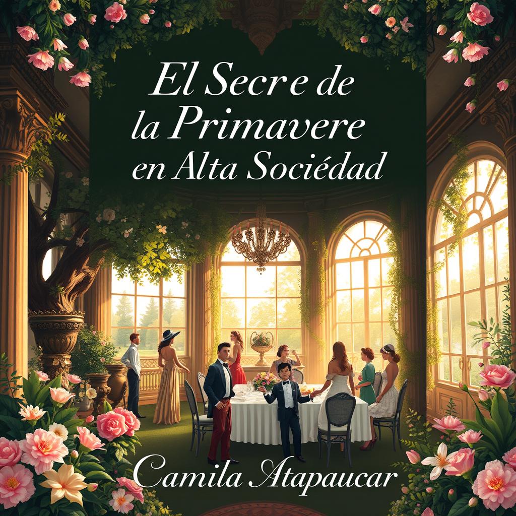 A sophisticated and engaging book cover for the novel "El Secreto de la Primavera en la Alta Sociedad" by Camila Atapaucar