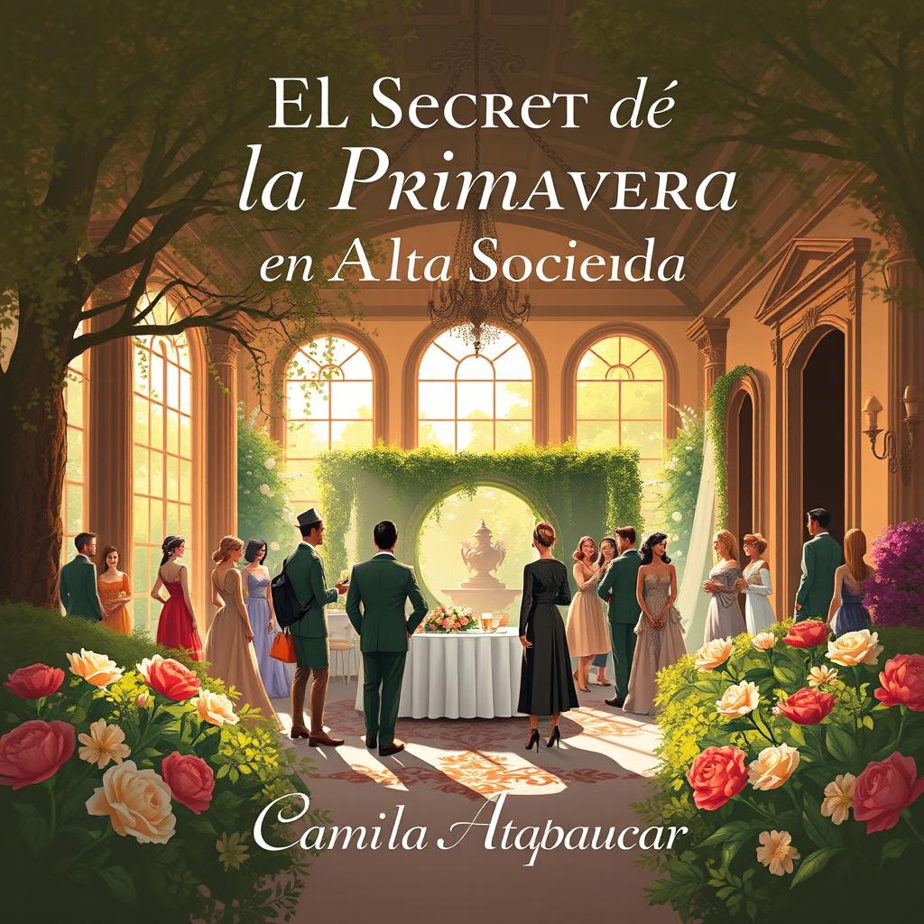 A sophisticated and engaging book cover for the novel "El Secreto de la Primavera en la Alta Sociedad" by Camila Atapaucar