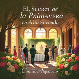 A sophisticated and engaging book cover for the novel "El Secreto de la Primavera en la Alta Sociedad" by Camila Atapaucar