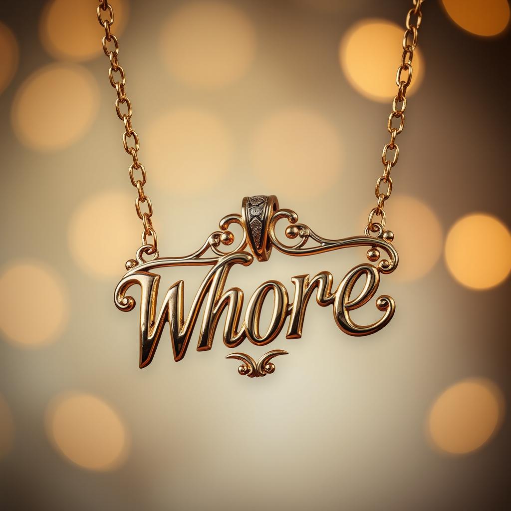 A beautiful, elegant necklace with a pendant displaying the word 'Whore' in a stylish and artistic font