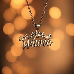 A beautiful, elegant necklace with a pendant displaying the word 'Whore' in a stylish and artistic font