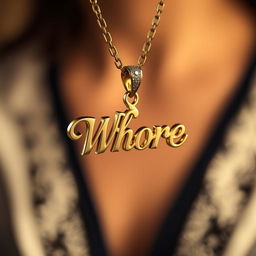 A beautiful, elegant necklace with a pendant displaying the word 'Whore' in a stylish and artistic font