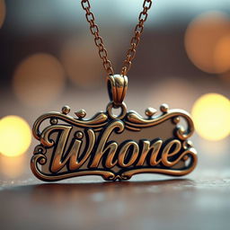 A beautiful, elegant necklace with a pendant displaying the word 'Whore' in a stylish and artistic font